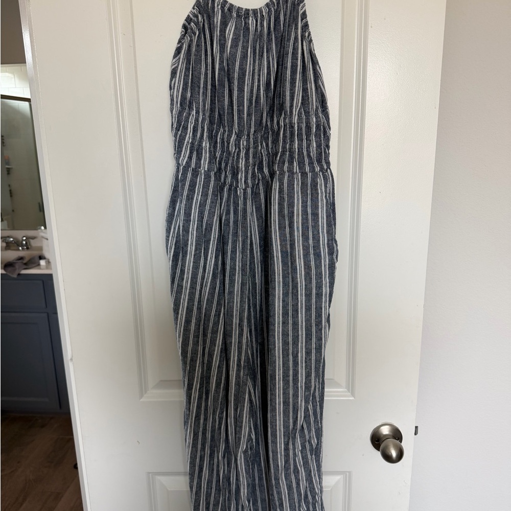 Old Navy Navy and White Striped Sleeveless Jumpsuit